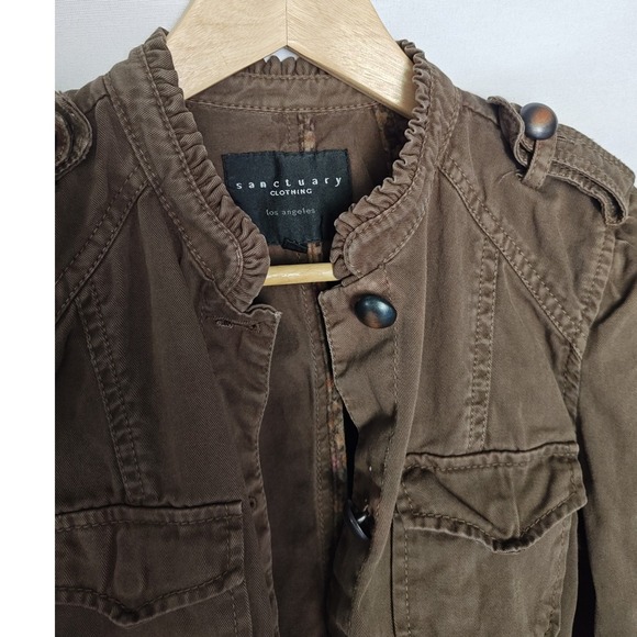 Sanctuary Clothing Military Style Jacket Brown Green Utility Belted Ruffle S M - Picture 7 of 9